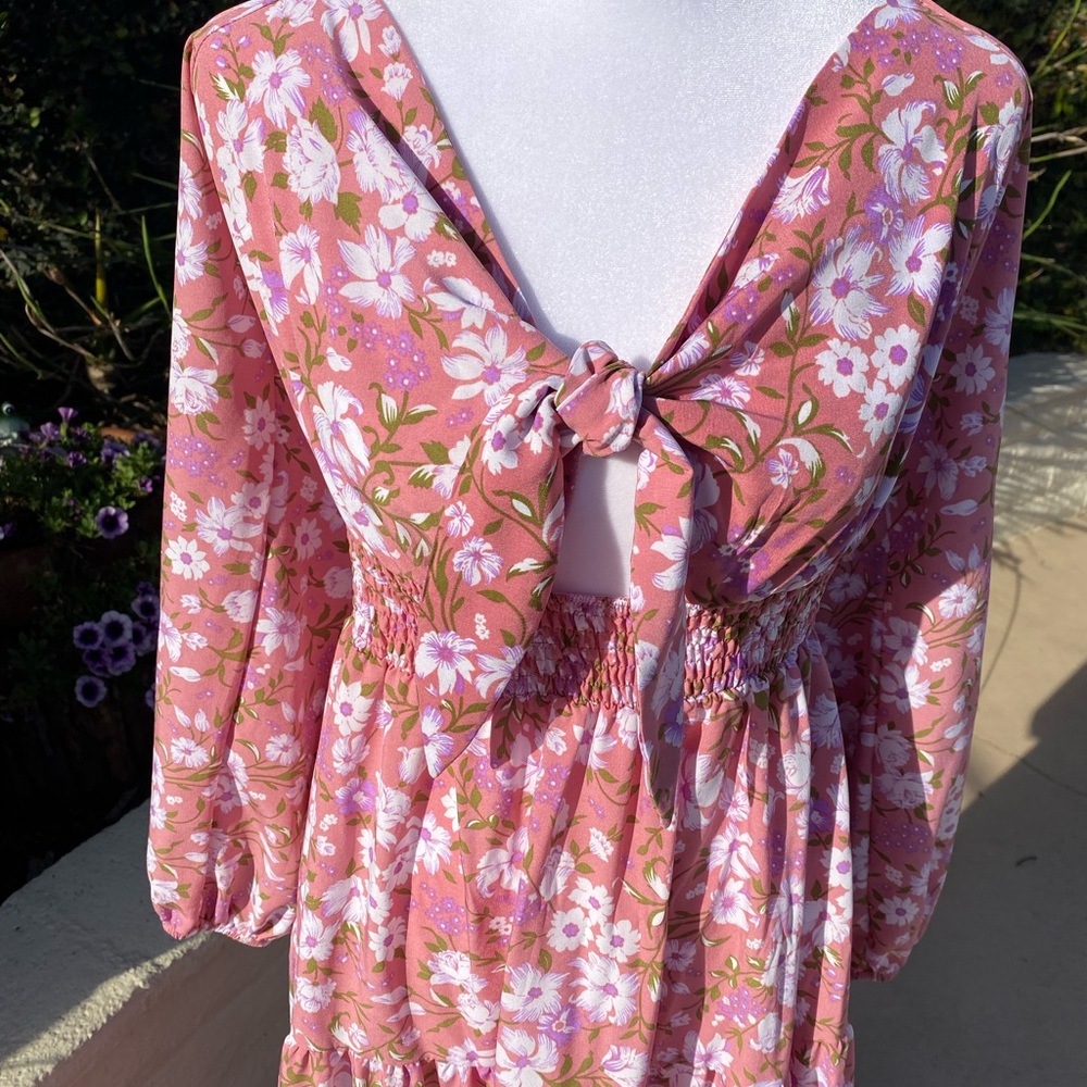 Floral Pink Tie-Front Maxi Dress